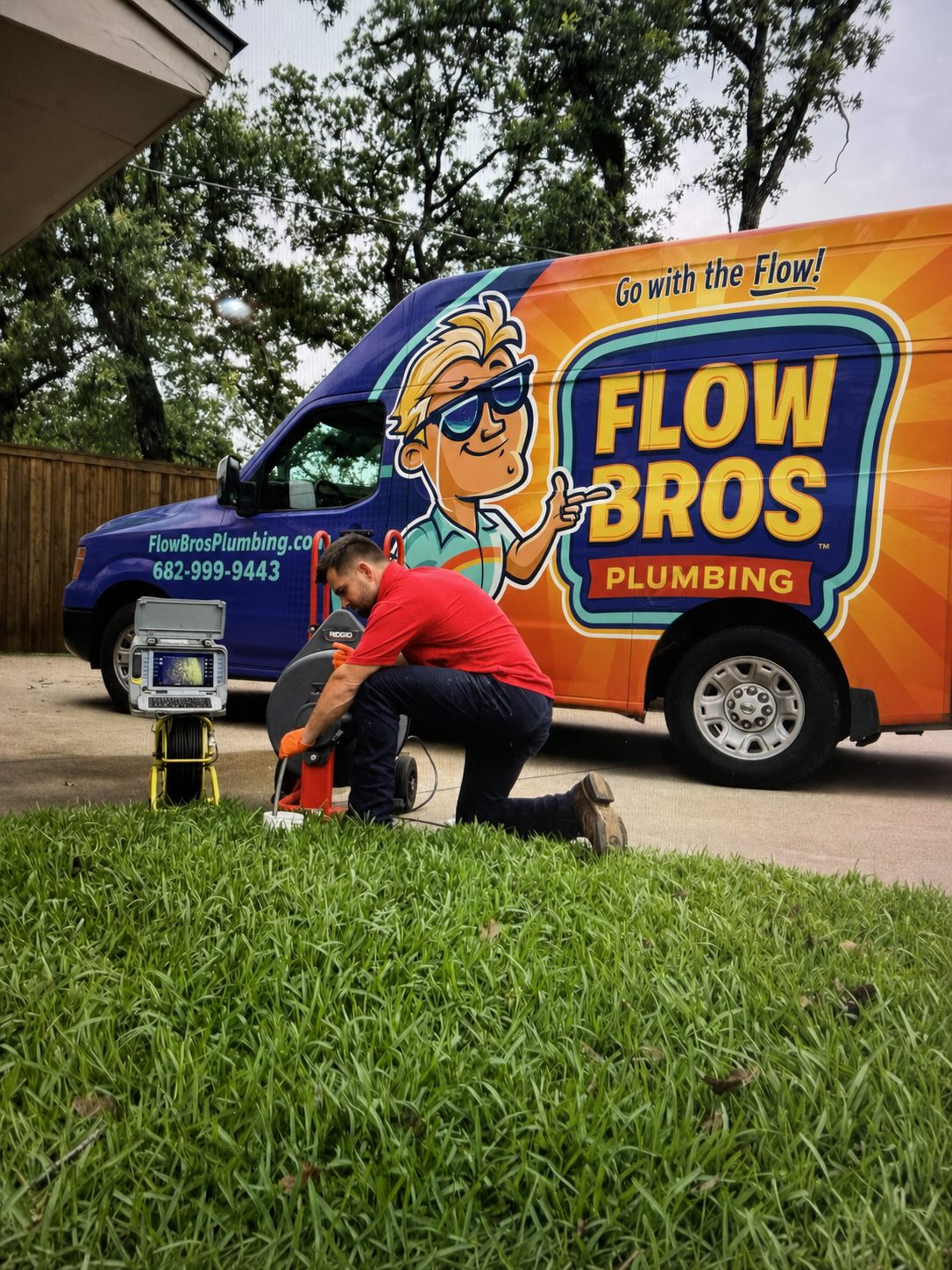 Flow Bros technician using professional drain cleaning and sewer camera equipment